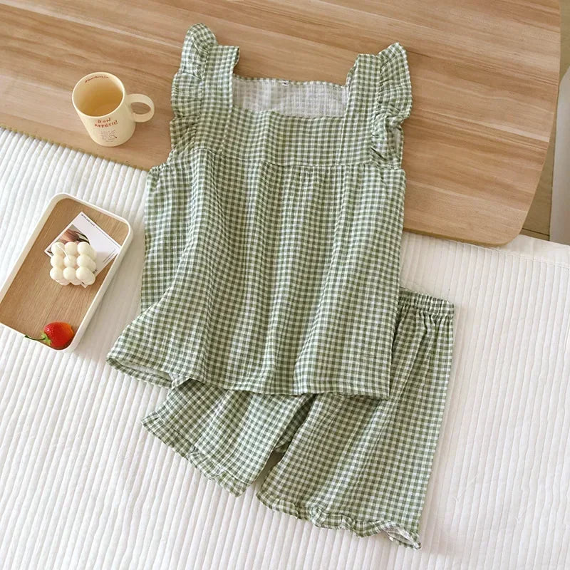 2026 Japanese summer new women's pajamas suit short-sleeved shorts two-piece 100% cotton crepe simple checked thin home clothes