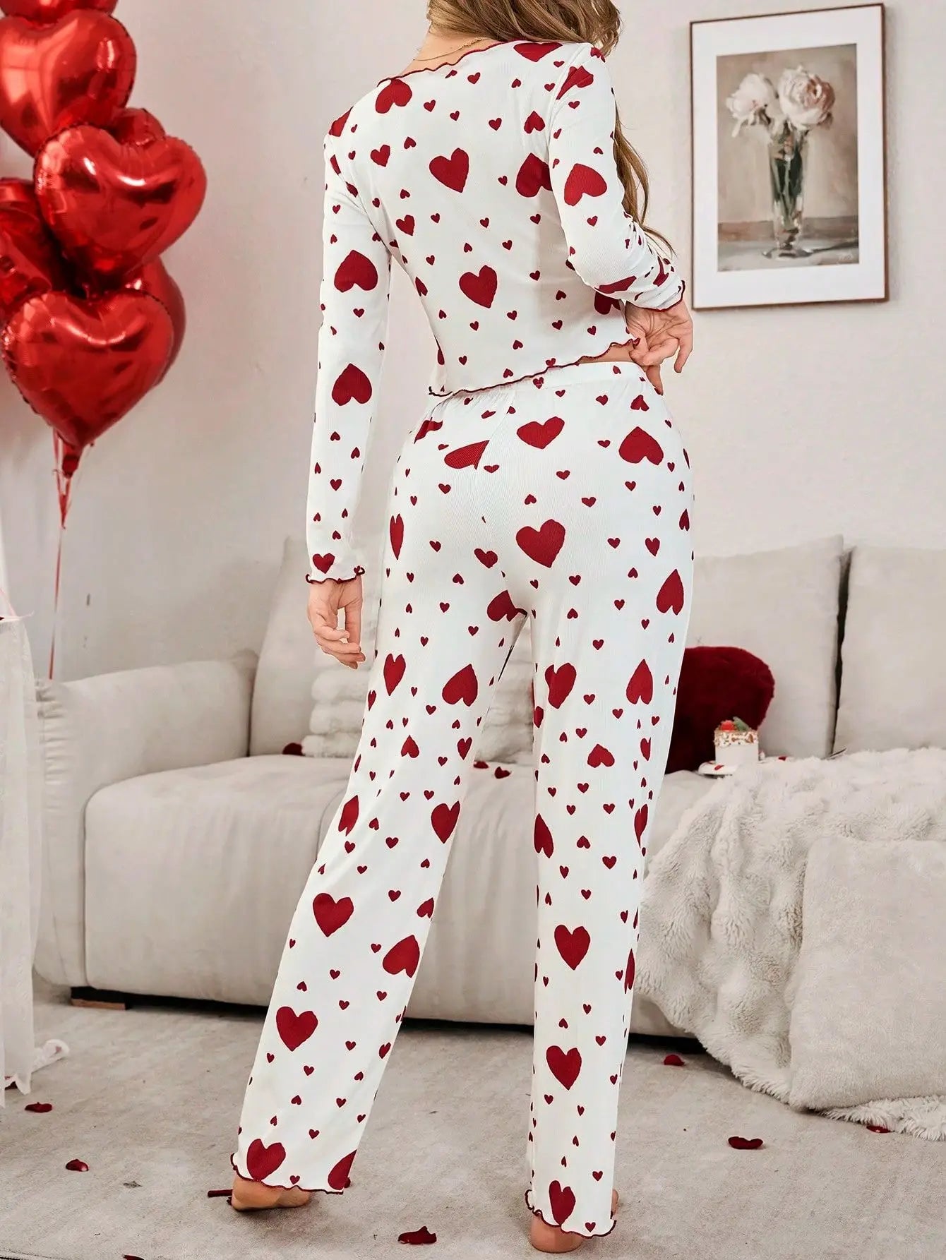 Autumn Winter 2 Pieces Pajamas Sets for Women Sleepwear Heart Print Long Sleeve Tops with Long Pants Trouser Set Pyjamas