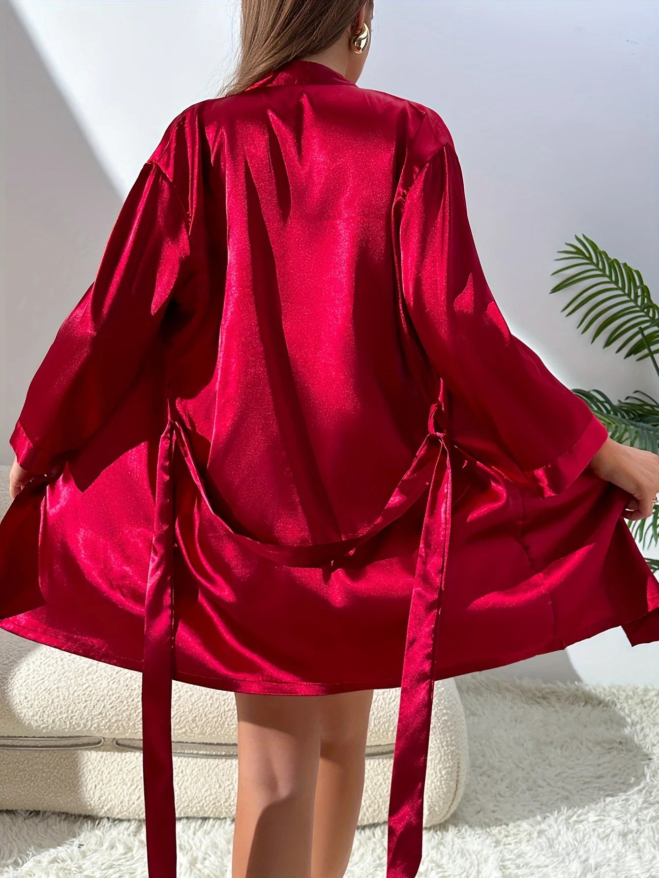 Sexy women's pajamas set lace patchwork nightdress solid color nightgown 2 sets